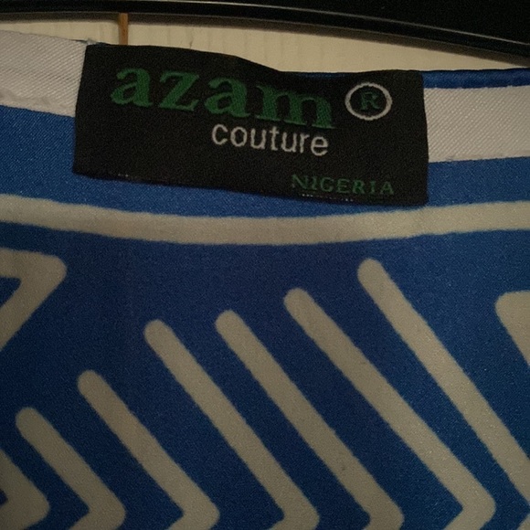 Adam Couture luxury  silky blue white urban print fringe maxi kaftan dress - Picture 6 of 12